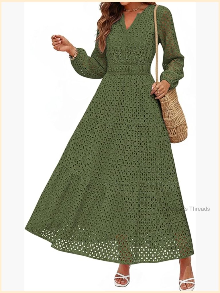 Long Sleeve Maxi Dress V Neck Hollow Out Eyelet A Line Flowy Wedding Guest